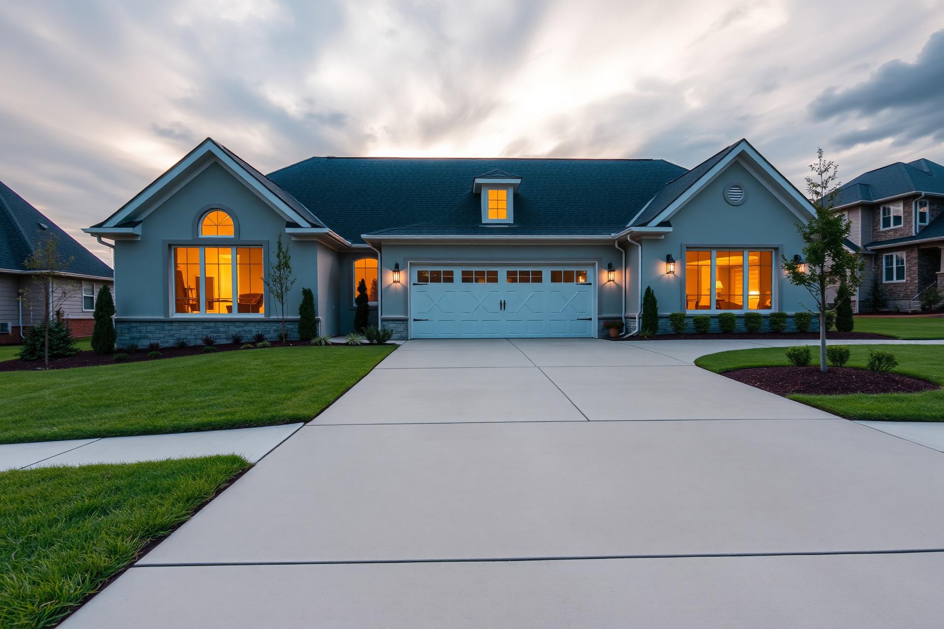 Freshly finished concrete driveway leading to a modern home